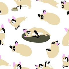 Happy dogs. Little
french bulldog in various poses 
and prints of his paws. Seamless pattern. Flat illustration. 
Transparent background