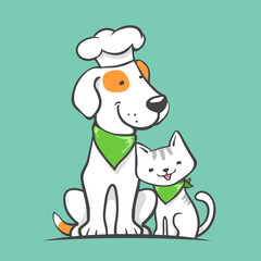 smiling kitten and dog with chef cap as pet food logo illustration. vector - 355016033