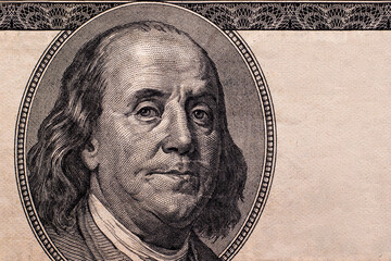 Portrait of the US President  Benjamin Franklin, fragment of one hundred dollar bill