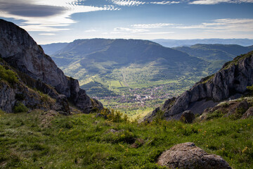 aerial view of village in a valley