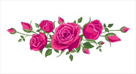 Bouquet, garland of pink roses. Vector illustration, decoration for postcards, wedding invitations. Pink roses with leaves and stems, horizontal composition.