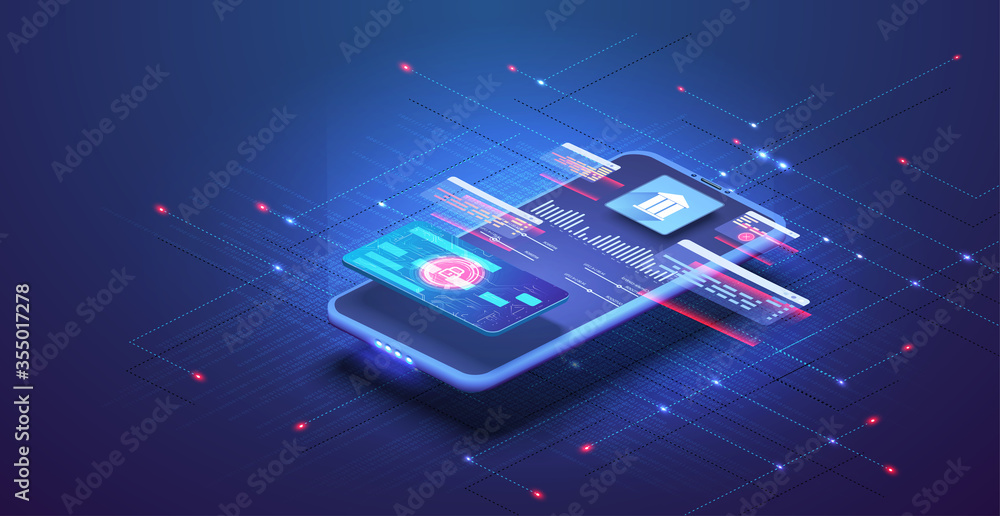 Poster online banking app landing page. smart wallet concept with credit, debit card payment application. g