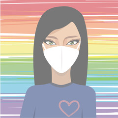 Pretty brunette girl with heart on her shirt, wearing medical mask, on rainbow flag background	