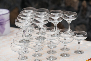 Festive glasses on the festive table during the Banquet. Alcoholic beverage