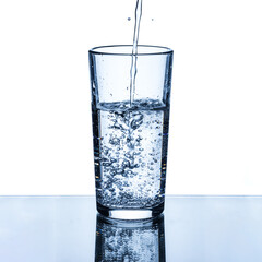 A stream of clean drinking water is poured into a glass cup