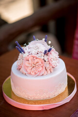Birthday cake at a Banquet close-up. Dessert