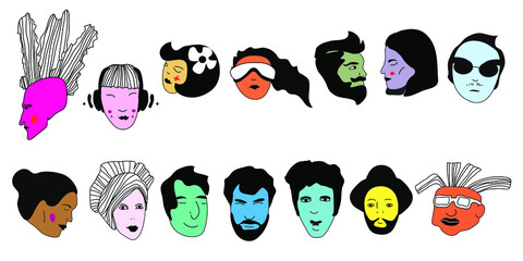 Portraits of various man and women. Hand drawn vector set. Flat illustration. All elements are isolated