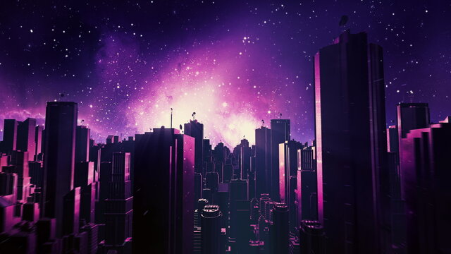 Retro futuristic city flythrough background. 80s sci-fi synthwave landscape in space with stars. Vaporwave stylized VJ 3D illustration for EDM music video, videogame intro. 4K motion design retrowave