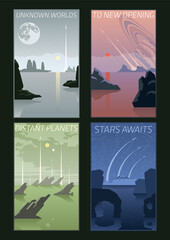 Distant Planets Landscapes, Space Propaganda Poster Set, Rockets Launching, Extraterrestrial Outdoors