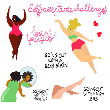 Self-acceptance challenges. I love yourself. Happy women accepting themselves. Vector set. Flat illustration. 
Transparent background