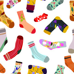 Seamless patterns with hand drawn textures. Stylish cotton and woolen socks with different textures. Flat cartoon vector illustration.Transparent background