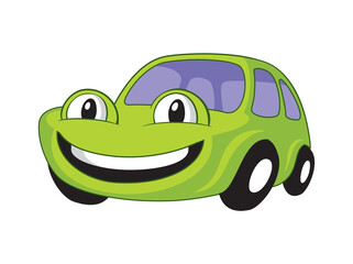 Funny smiling cartoon car - vector humanized automobile with broad smile
