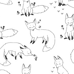 Vector seamless pattern with cute foxes isolated on white. Hand drawn texture with cartoon animal characters in sketch style.