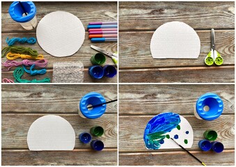 Step by step, instructions on how to make a children's craft Medusa from cardboard and yarn.