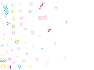 Memphis style geometric confetti vector background with triangle, circle, square shapes, chevron and wavy line ribbons.