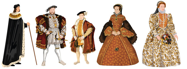 Tudor Dynasty - Crowned Kings & Queens of Tudor England -Henry VII, Henry VIII, Edward VI, Mary I, Elizabeth I - obrazy, fototapety, plakaty