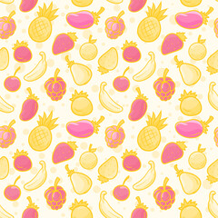 Cartoon summer multicolor fresh fruits. Pineapple and banana. Blackberries and peach. Peach and strawberry. On yellow background. Vector seamless pattern.