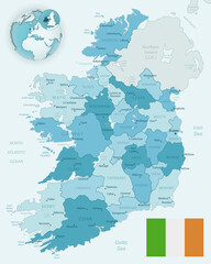 Blue-green detailed map of Ireland administrative divisions with country flag and location on the globe.