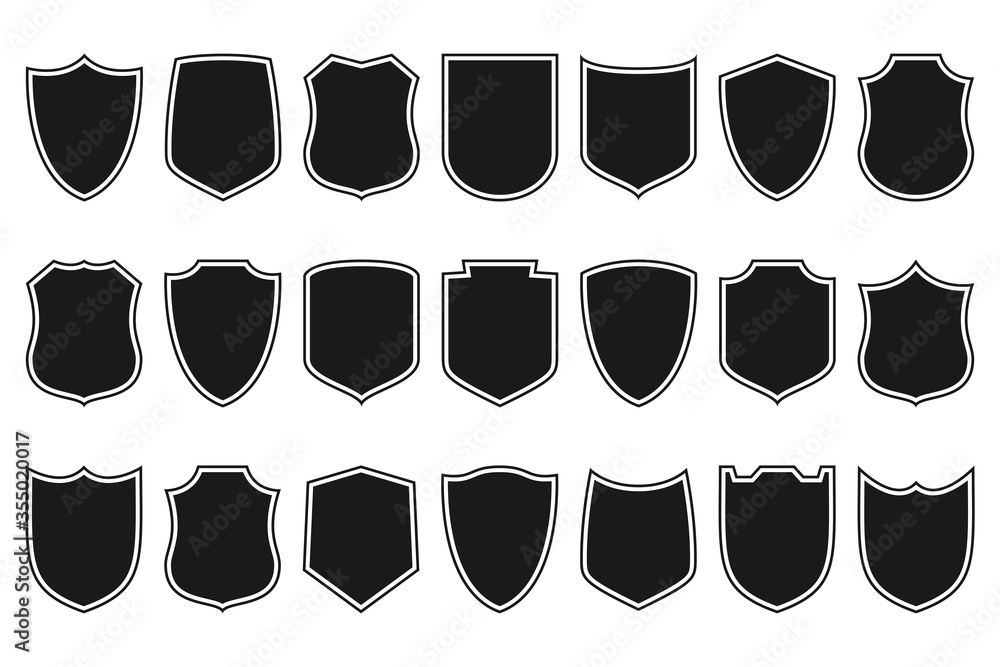 Poster shields set. collection of security shield icons with contours. design elements for concept of safet