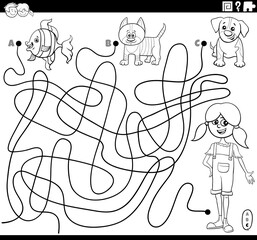 maze with girl and pets coloring book page