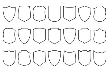 Shields set. Security shield linear icons collection. Line design elements for concept of safety and protection. Vector illustration. - obrazy, fototapety, plakaty