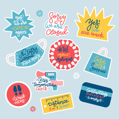 Prevention warning stickers set with coronavirus covid-19 measures. Wear face mask, keep safe distance, requirement for public place, contactless payment store, shop. Flat handdrawn Vector design