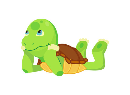 Happy young cartoon turtle lies and dreaming or thinking. Fanny kid. T-shirt vector logo design