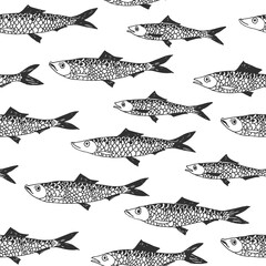 Vector seamless pattern with cute fishes in doodle style isolated on white. Hand drawn black and white texture. Underwater world.