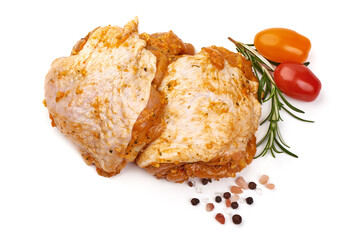 Raw marinated chicken fillet for grill and bbq, isolated on white background