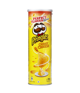 Pringles potato snack chips cheese tyube pack isolated on white