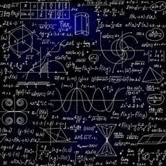 Mathematical vector seamless pattern with formulas, figures and calculations handwritten on the background of stars