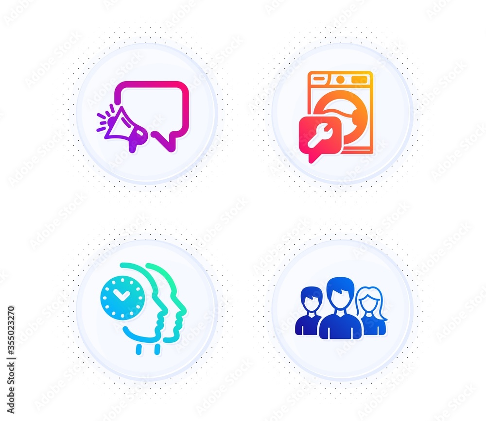 Poster time management, megaphone and washing machine icons simple set. button with halftone dots. teamwork