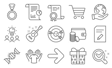 Set of Business icons, such as Report, Gift box. Diploma, ideas, save planet. Medal, Edit document, Market sale. Payment method, Targeting, Next. Hold t-shirt, Chemistry dna, Chemistry lab. Vector