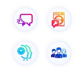 Time management, Megaphone and Washing machine icons simple set. Button with halftone dots. Teamwork sign. Teamwork clock, Brand message, Repair service. Group of users. Business set. Vector