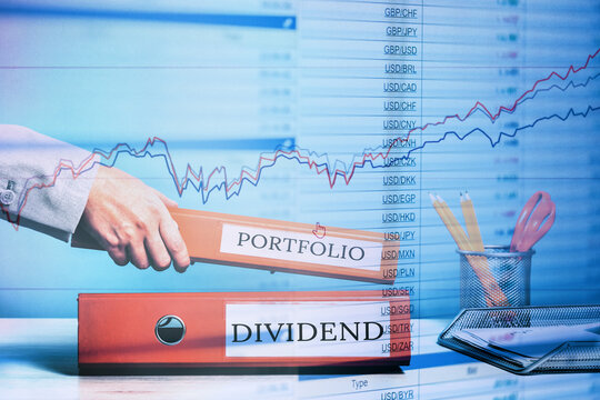 Finance. Dividend and portfolio binders. Bond market, stocks, REITs, ETFs, bonds, investment products. Sustainable portfolio management, long term wealth management with risk diversification concept.