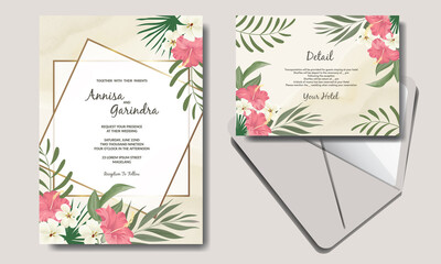 Wedding invitation card template set with tropical leaves decoration Premium Vector