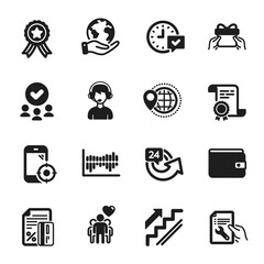 Set of Business icons, such as 24 hours, Friendship. Certificate, approved group, save planet. Stairs, Column diagram, Money wallet. Seo phone, Credit card, Give present. Vector