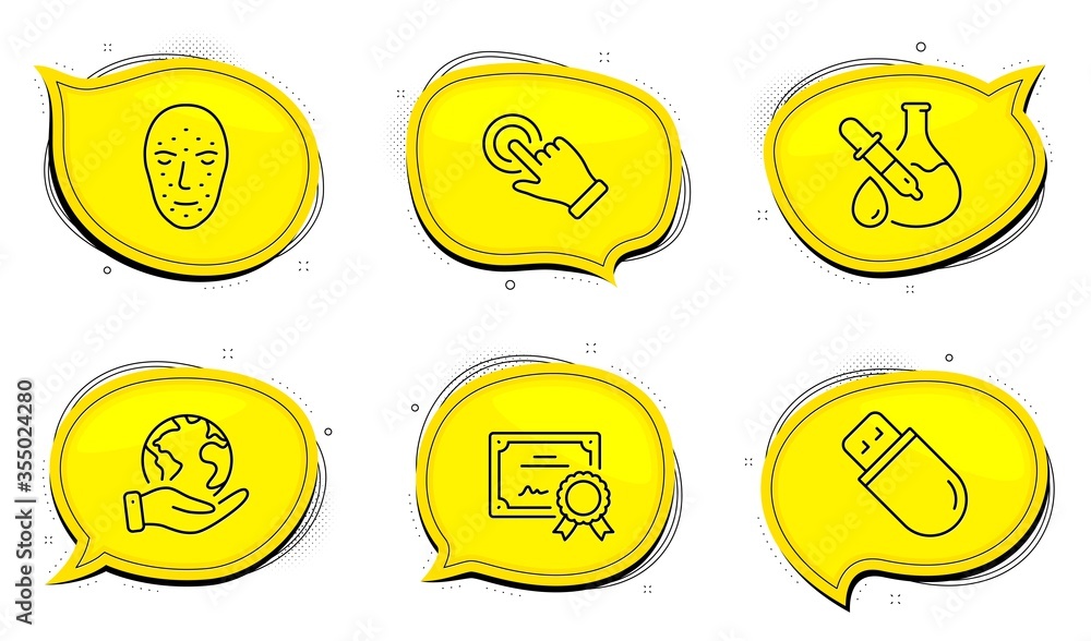 Poster chemistry experiment sign. diploma certificate, save planet chat bubbles. usb stick, touchscreen ges