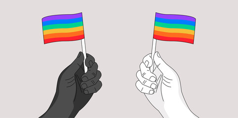 Pride banner - Two hands waving rainbow flags gay pride symbol - hand drawn vector illustration for Pride month event