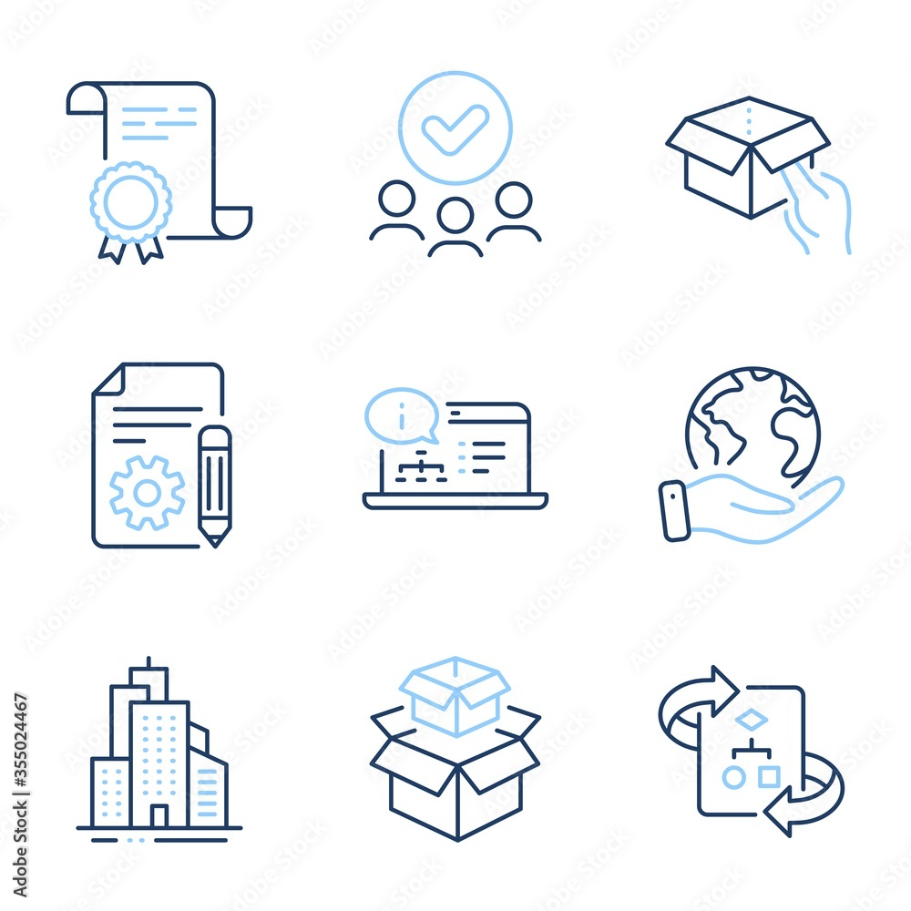 Poster packing boxes, hold box and technical algorithm line icons set. diploma certificate, save planet, gr