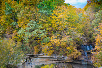 Fall Foliage Over Waterfall in Clifty Creek Park, Southern Indiana