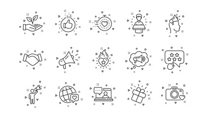 Influence people, Megaphone and Representative. Brand ambassador line icons. Handshake, influencer marketing person, ambassador person icons. Linear set. Geometric elements. Quality signs set. Vector