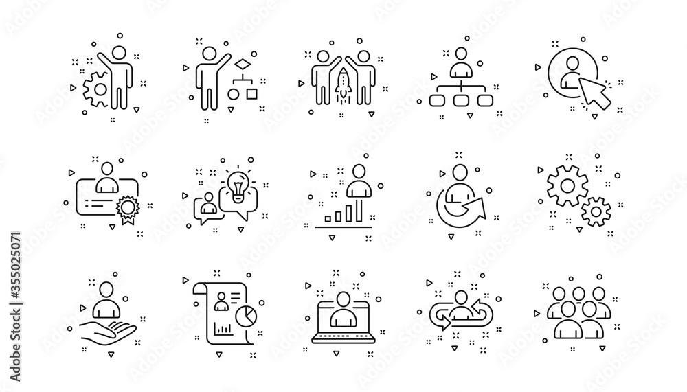 Poster business people, algorithm and group. management line icons. startup strategy linear icon set. geome