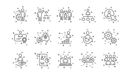 Business people, Algorithm and Group. Management line icons. Startup strategy linear icon set. Geometric elements. Quality signs set. Vector
