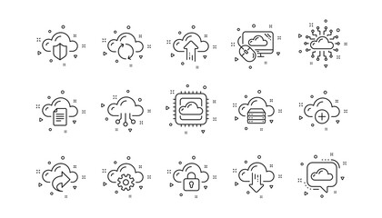 Hosting, Computing data and File storage. Cloud data and technology icons. Computer sync linear icon set. Geometric elements. Quality signs set. Vector