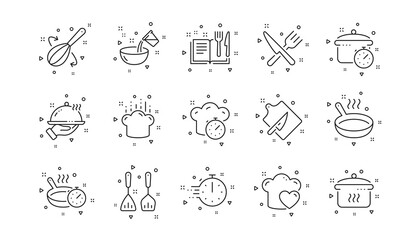 Boiling time, Frying pan and Kitchen utensils. Cooking line icons. Fork, spoon and knife line icons. Recipe book, chef hat and cutting board. Linear set. Geometric elements. Quality signs set. Vector