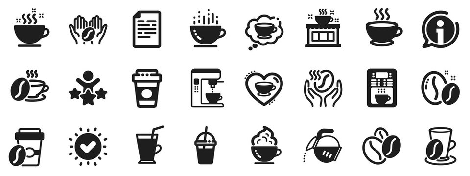 Beans, hot cocktail and coffee maker machine. Coffee icons. Espresso cup, cappuccino with whipped cream icons. Latte vending machine, breakfast drink and roasted beans. Vector