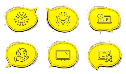 Monitor sign. Diploma certificate, save planet chat bubbles. Safe time, Question mark and Online documentation line icons set. Hold clock, Quiz chat, Web engineering. Computer component. Vector