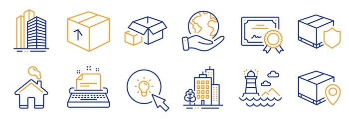 Set of Industrial icons, such as Package, Buildings. Certificate, save planet. Delivery insurance, Skyscraper buildings, Lighthouse. Parcel tracking, Energy, Home. Vector