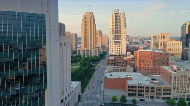 Aerial: downtown Kansas City city skyline at sunrise. Missouri, USA